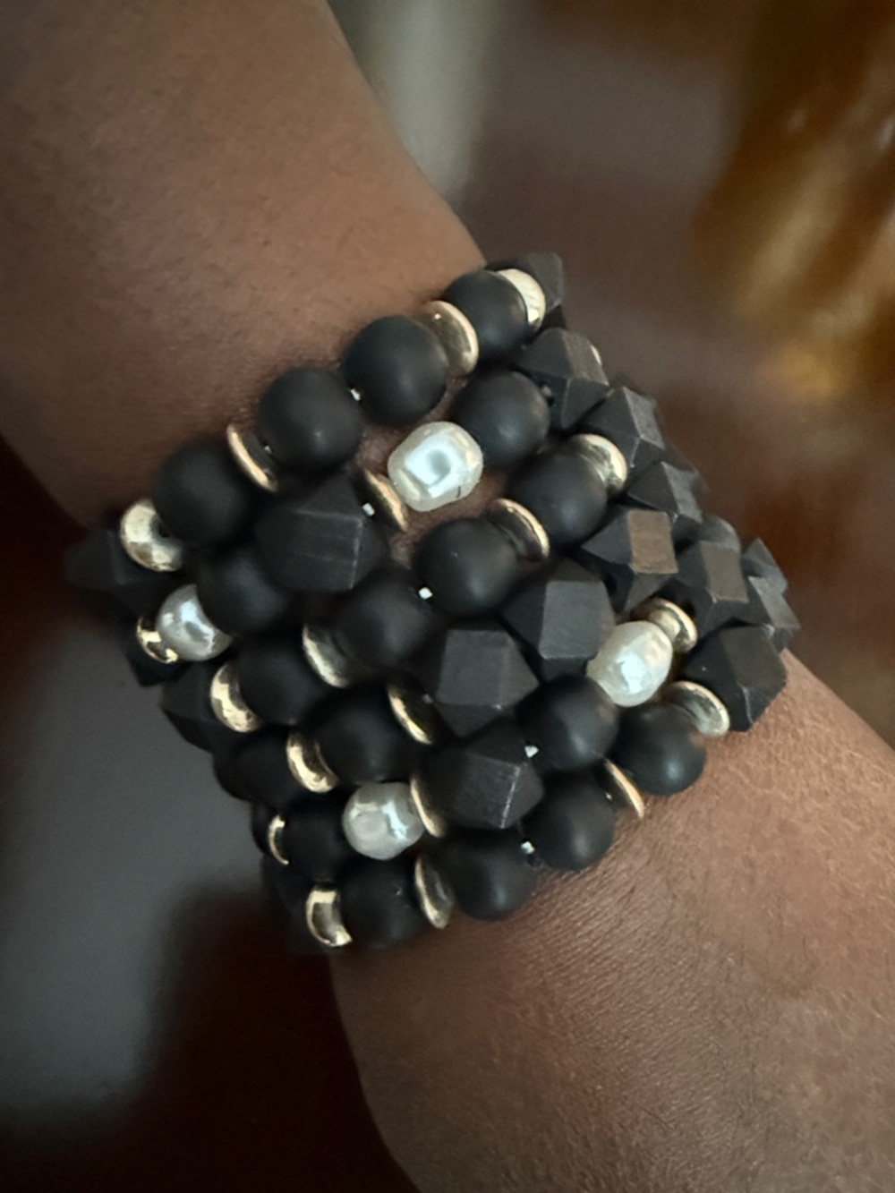 Matte Black Beaded Stretch Bracelet Stack with Gold Accents